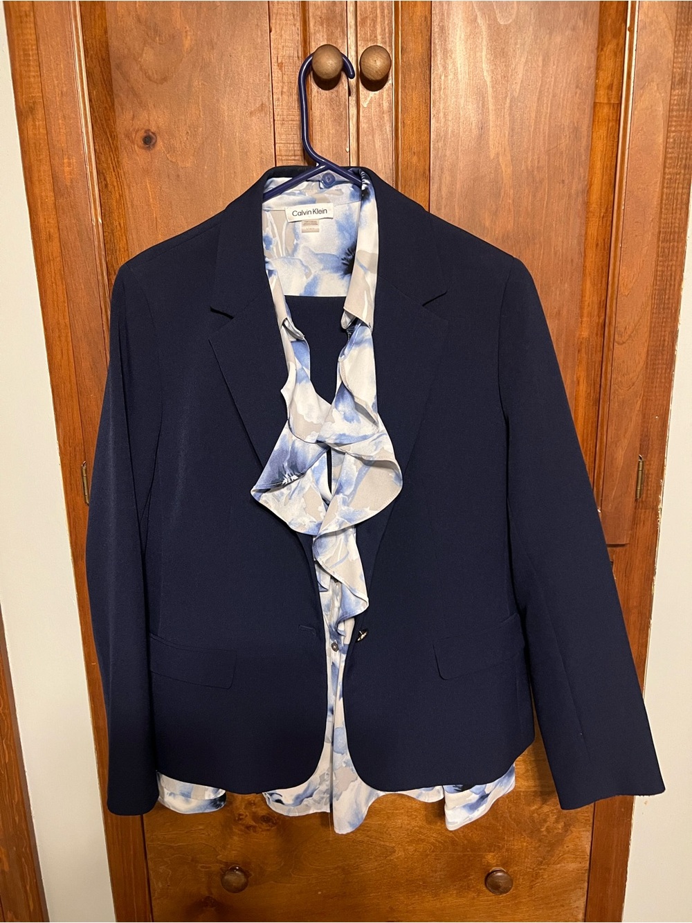 Navy Blazer and Pants with Calvin Klein Blue-White Ruffle Blouse